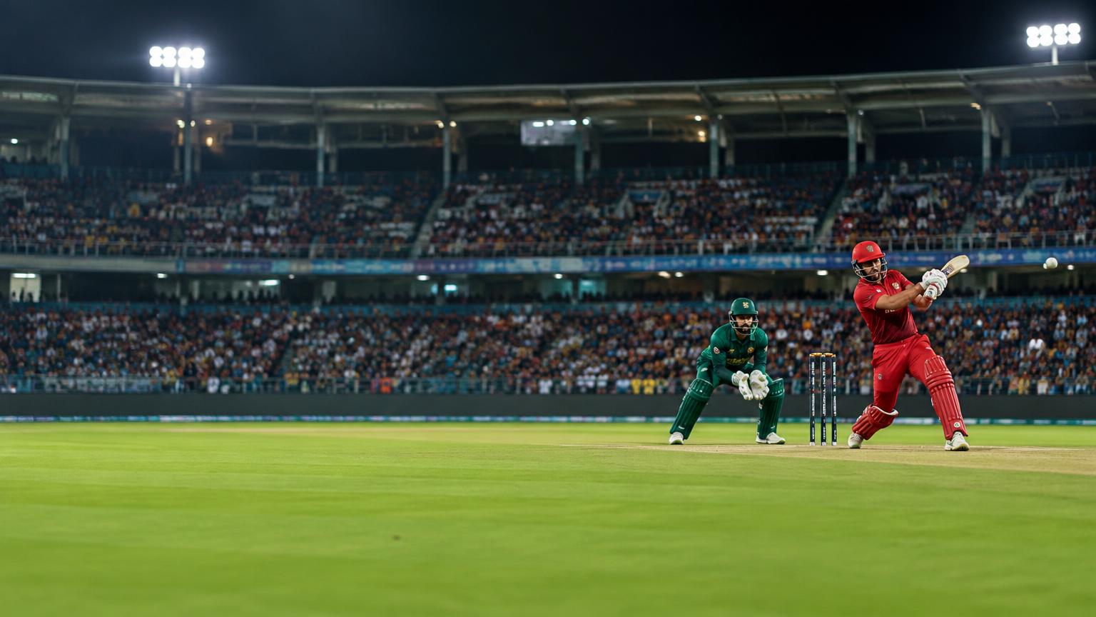 Cricket stadium under floodlights — live TV entertainment with VSJ fiber (illustrative)