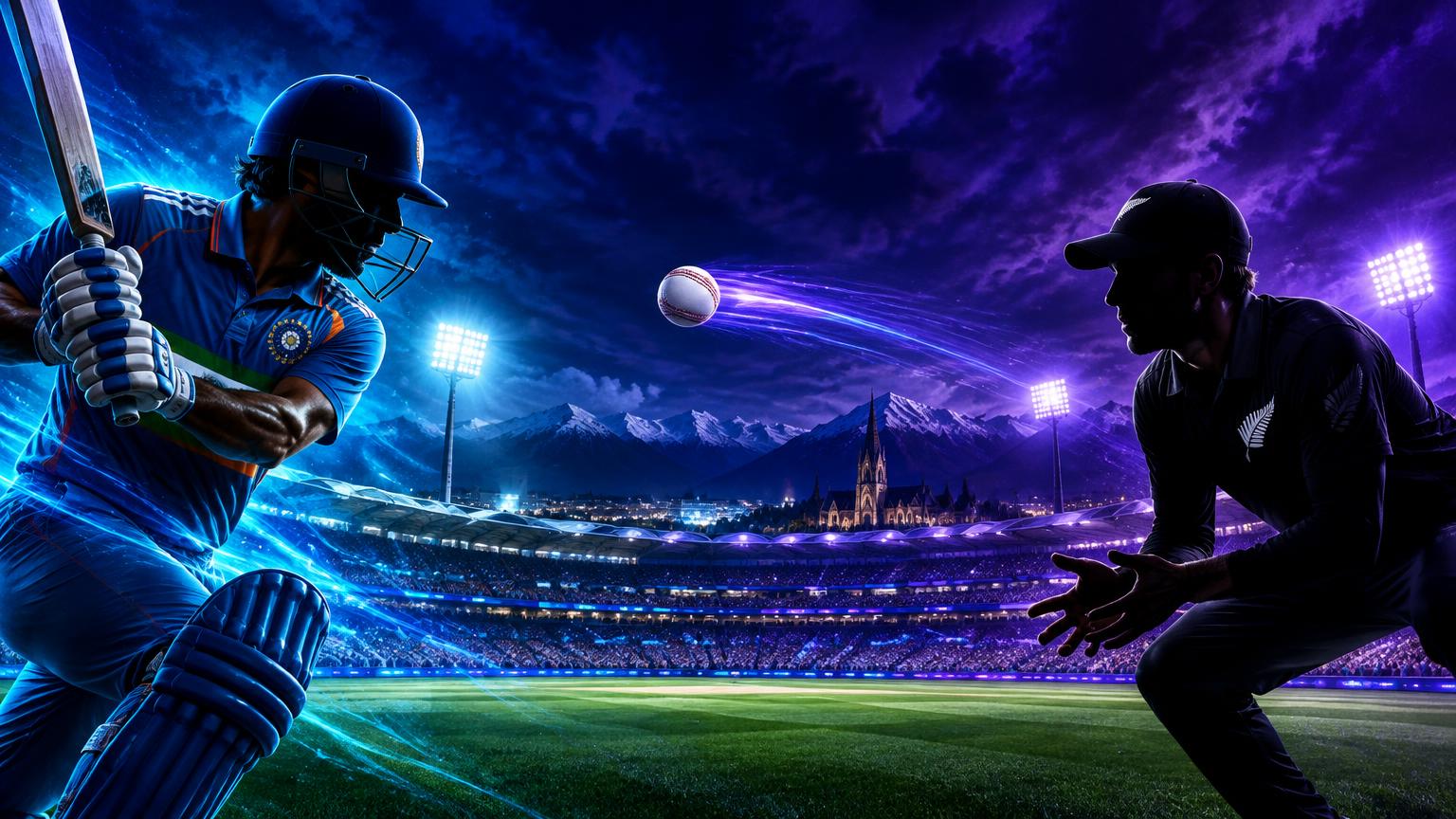 India batsman vs New Zealand fielder under floodlights — illustrative promotional artwork, not a photograph of this match